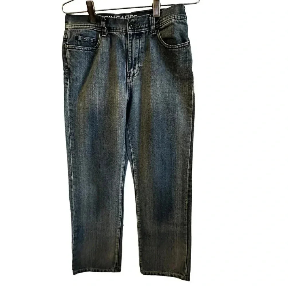 Ring Of Fire Jeans Boy Teen 18 Blue Denim Distress Straight Leg W27 L27 med wash